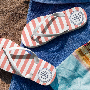 Coral & Navy Nautical Stripe Preppy Monogram Flip Flops