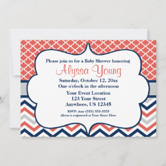 Coral Navy Quatrefoil Chevron Invitation