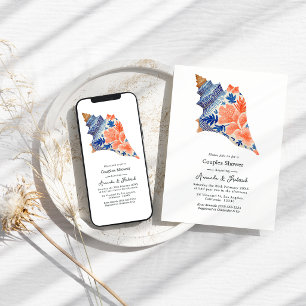 Coral & Navy Seashell Coastal Beach Couples Shower Invitation