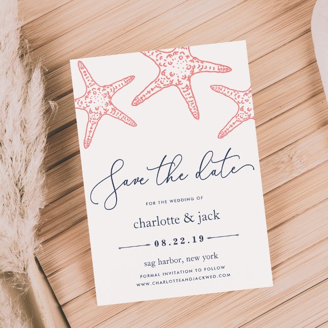 Coral & Navy Starfish Save the Date Card (Creator Uploaded)