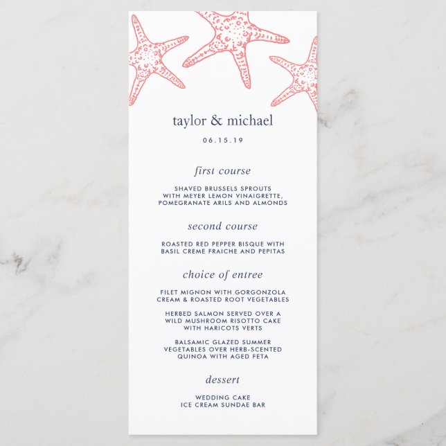 Coral & Navy Starfish Wedding Menu Card (Front)