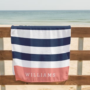 Coral & Navy Stripe Personalized Beach Towel