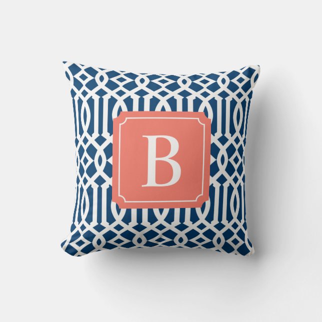 Coral & Navy Trellis | Throw Pillow (Front)