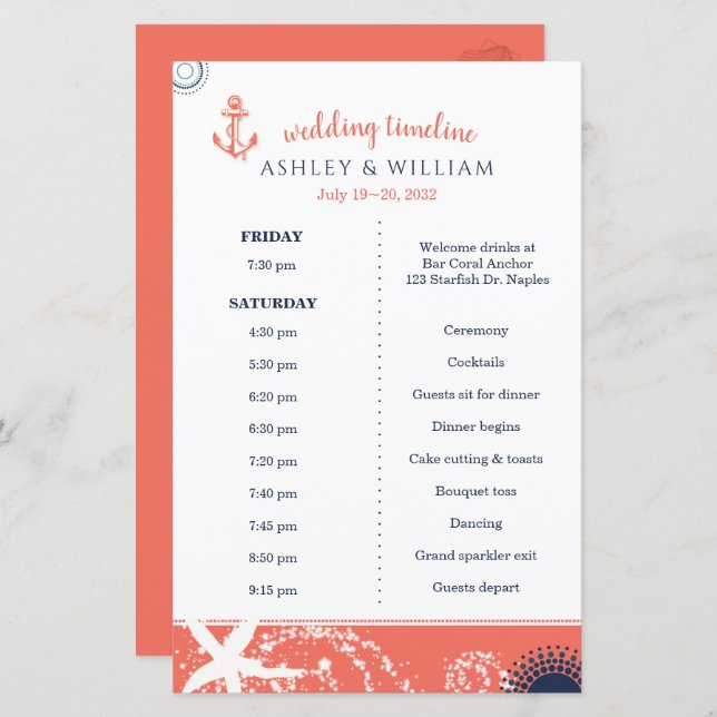 Coral Navy White Beach Wedding Timeline (Front/Back)