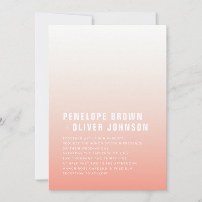 Coral Ombre | Blush Pink Modern Minimalist Wedding Invitation (Front)
