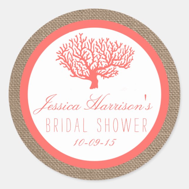 Coral On Burlap Beach Bridal Shower Stickers (Front)