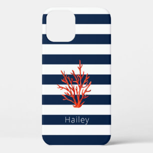 Coral on Navy & white stripe Nautical iPhone case