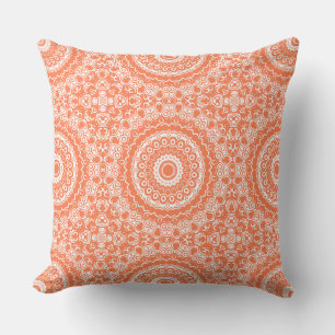 Coral on White Mandala Kaleidoscope Medallion Throw Pillow