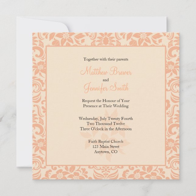 Coral or Peach and Cream Floral Damask Wedding Invitation (Front)