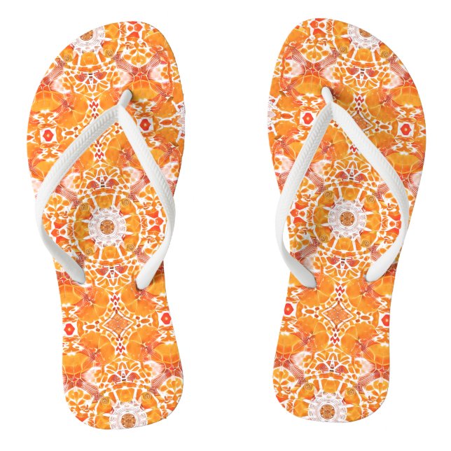 Coral Orange and Cream Batik Medallion Pattern  Flip Flops (Footbed)