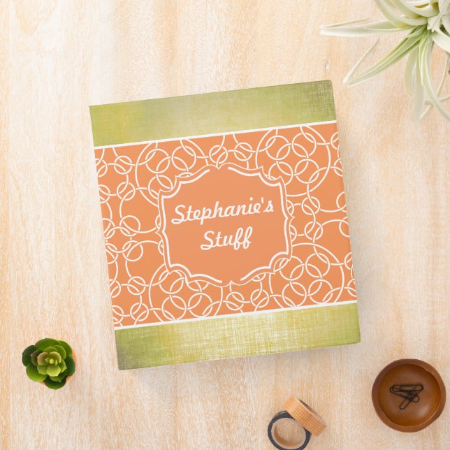 Coral Orange and Lime Modern Circle Links Pattern Binder (In Situ)