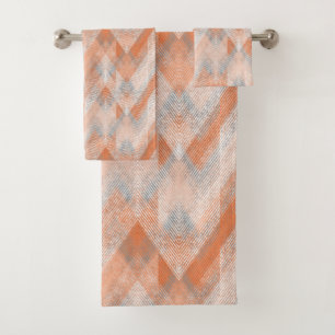 Coral, orange, beige, grey textured zigzag . bath towel set