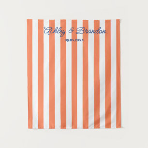Coral Orange Cabana Stripe Personalized Wedding Tapestry