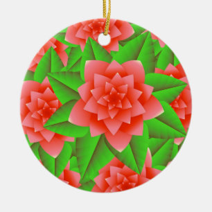 Coral Orange Camellias and Green Leaves Ceramic Ornament