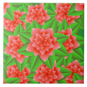 Coral Orange Camellias and Green Leaves Tile