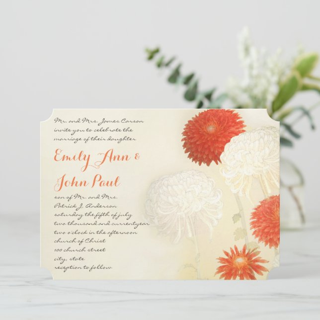 Coral Orange Chrysanthemum Wedding Invitations (Standing Front)