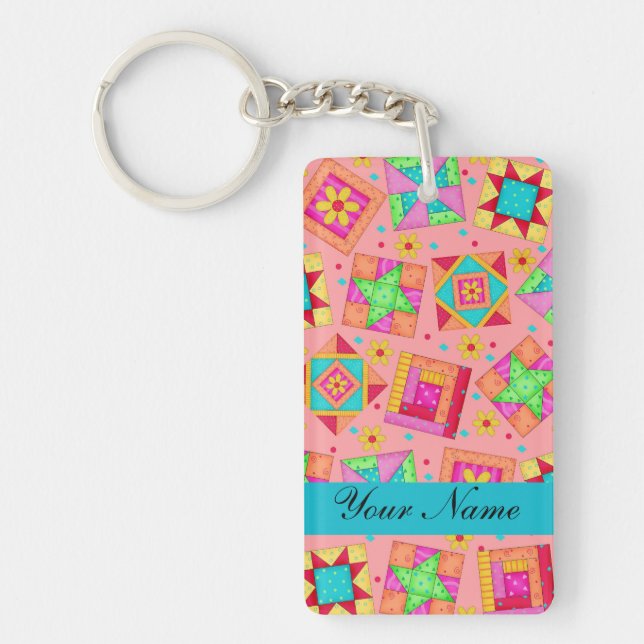 Coral Orange Colourful Quilt Blocks & Personalized Keychain (Front)