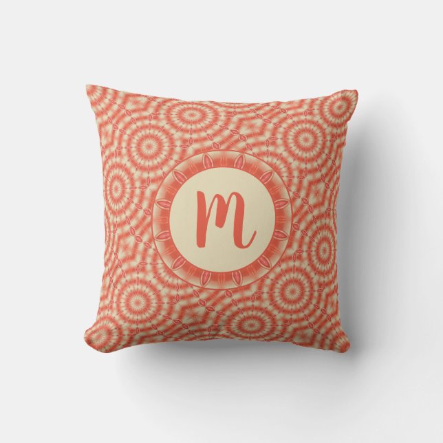 Coral Orange Cream Circular Kaleidoscopes Monogram Throw Pillow (Front)