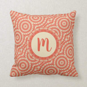 Coral Orange Cream Circular Kaleidoscopes Monogram Throw Pillow