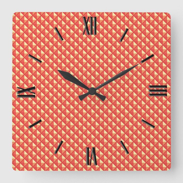 Coral orange, enamel look, studded grid square wall clock (Front)