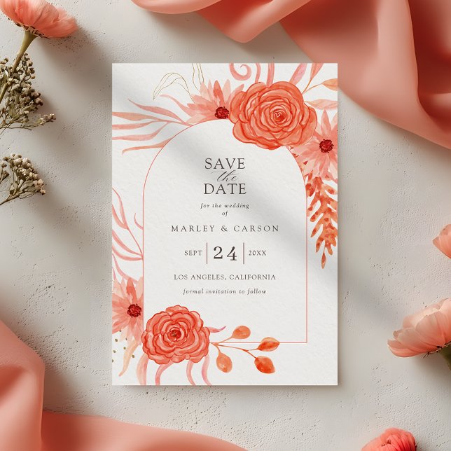 Coral Orange Floral Elegant Wedding Save The Date (Creator Uploaded)