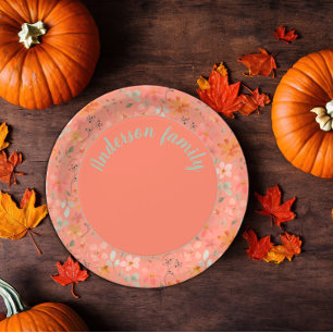 Coral orange floral watercolor green name paper plate
