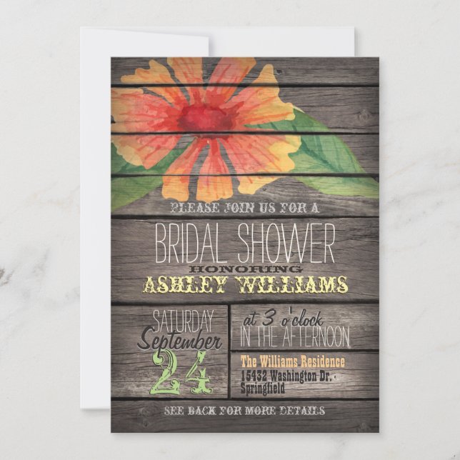 Coral Orange Flower on Rustic Wood Bridal Shower Invitation (Front)