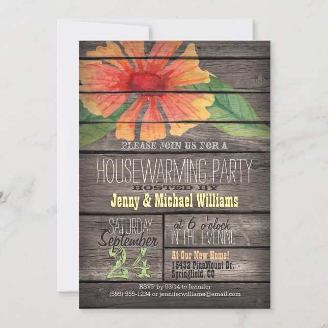 Coral Orange Flower; Rustic Housewarming Party Invitation (Front)