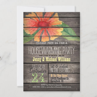 Coral Orange Flower; Rustic Housewarming Party Invitation