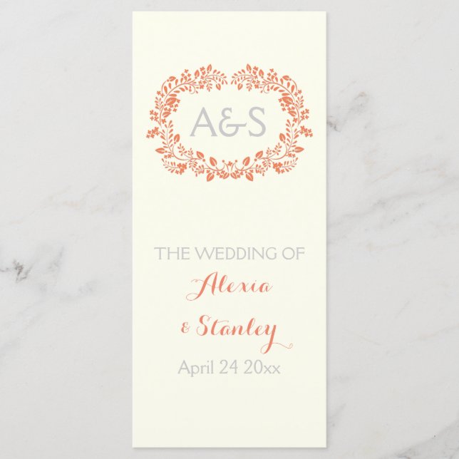 Coral orange foliage frame wedding program (Front)