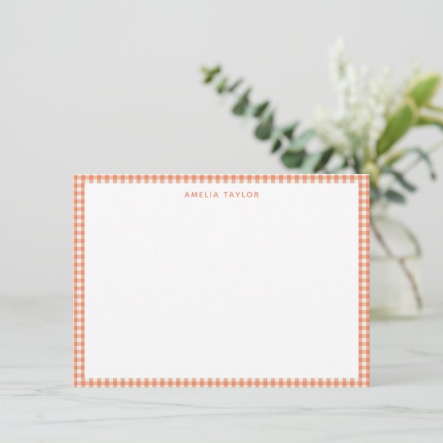 Coral Orange Gingham Plaid Personalized Stationery Card (Standing Front)