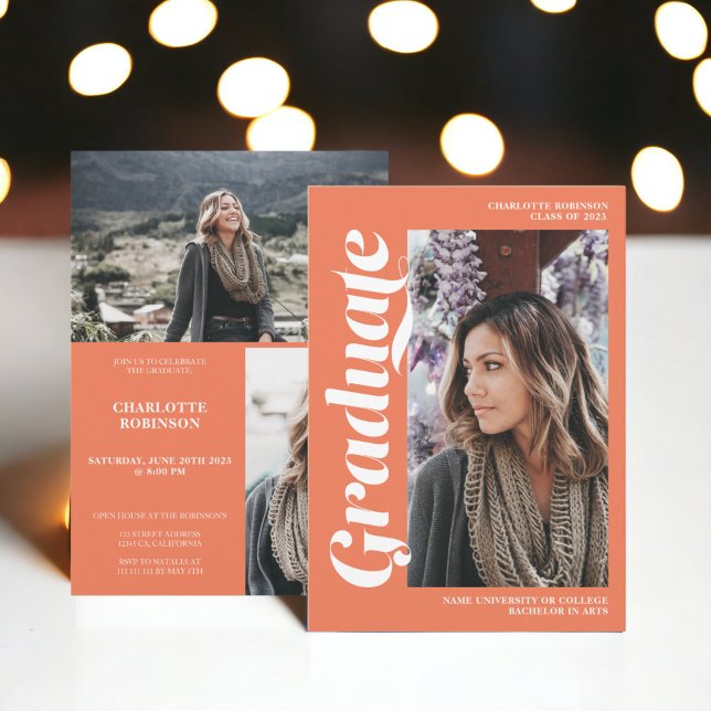Coral orange graduate script 3 photo graduation invitation (Coral orange graduate script 3 photo graduation invitation)