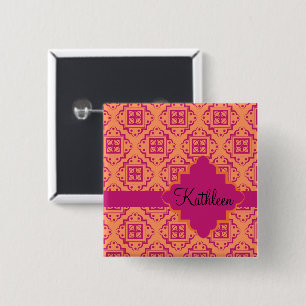 Coral Orange & Magenta Arabesque Moroccan 2 Inch Square Button