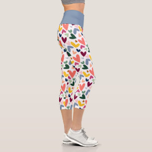 Coral Orange Mint Green Pink Blue Heart Pattern Capri Leggings