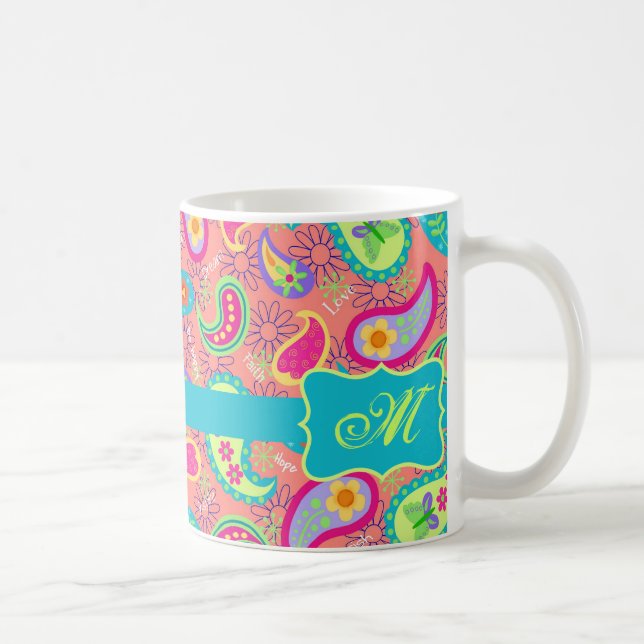 Coral Orange Modern Paisley Pattern Monogram Coffee Mug (Right)