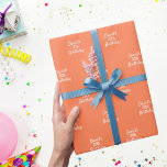 Coral orange name script wrapping paper<br><div class="desc">A coral,  orange coloured background colour,  white text. 
Personalize and add a name and age. Handwritten style script.</div>