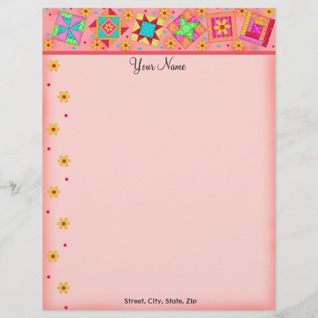 Coral Orange Patchwork Quilt Blocks Letterhead (Front)