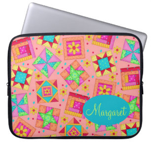 Coral Orange Personalize Patchwork Quilt Block Art Laptop Sleeve