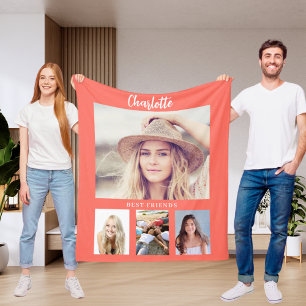Coral orange photo collage girl friends fleece blanket