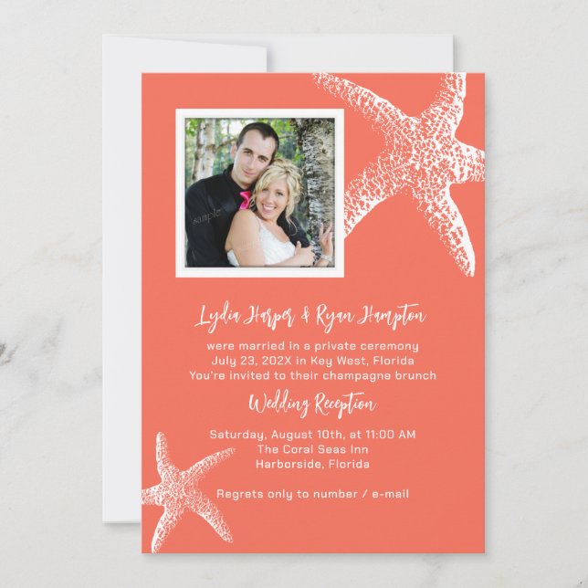 Coral Orange Photo Wedding Reception Only Invites (Front)