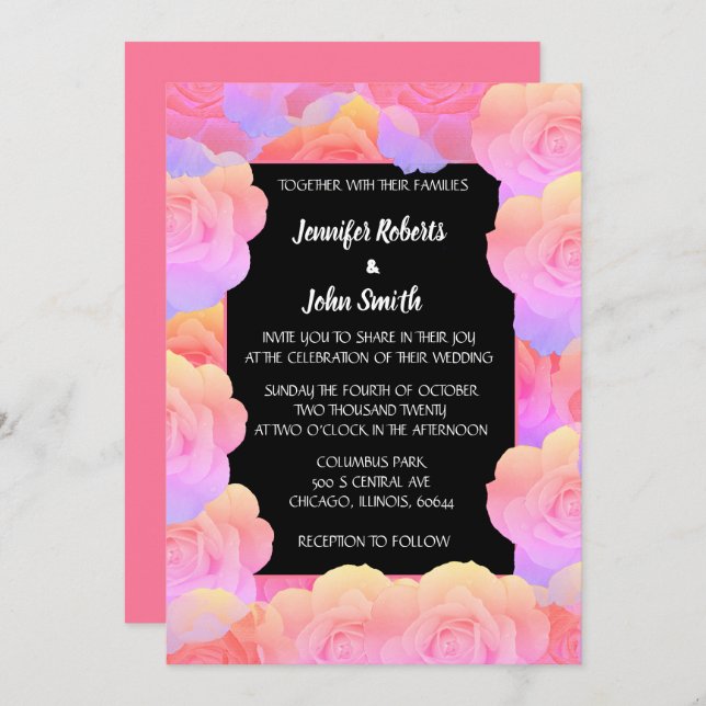 Coral Orange Pink Black Floral QR Code Wedding Invitation (Front/Back)