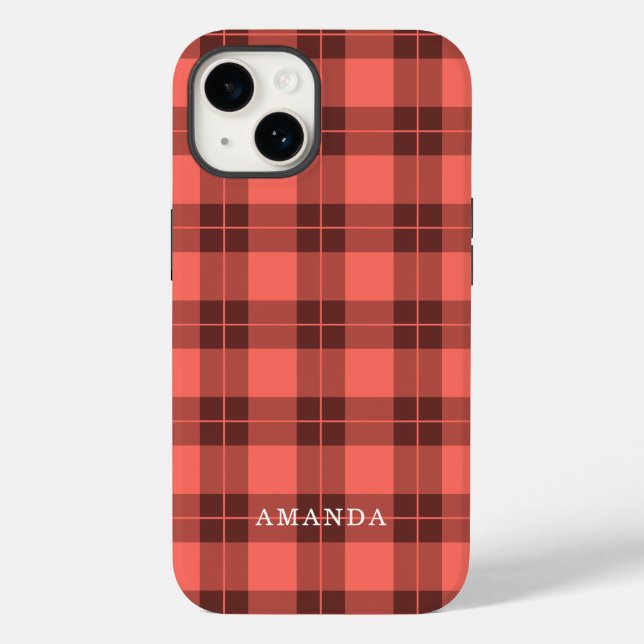 Coral Orange Plaid Pattern Custom Name Case-Mate iPhone Case (Back)