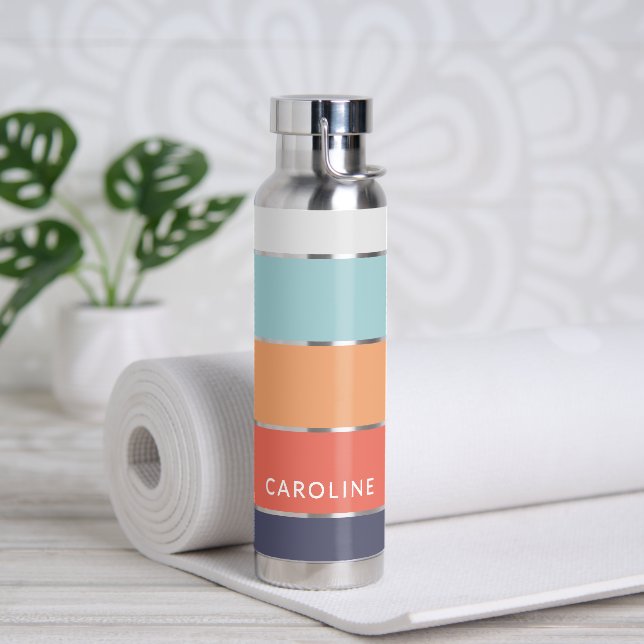 Coral Orange Red Dark Blue Seafoam Green Stripes Water Bottle (Yoga)