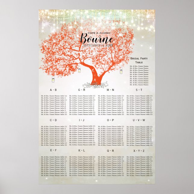 Coral Orange Rustic Country Tree Seating Chart (Front)