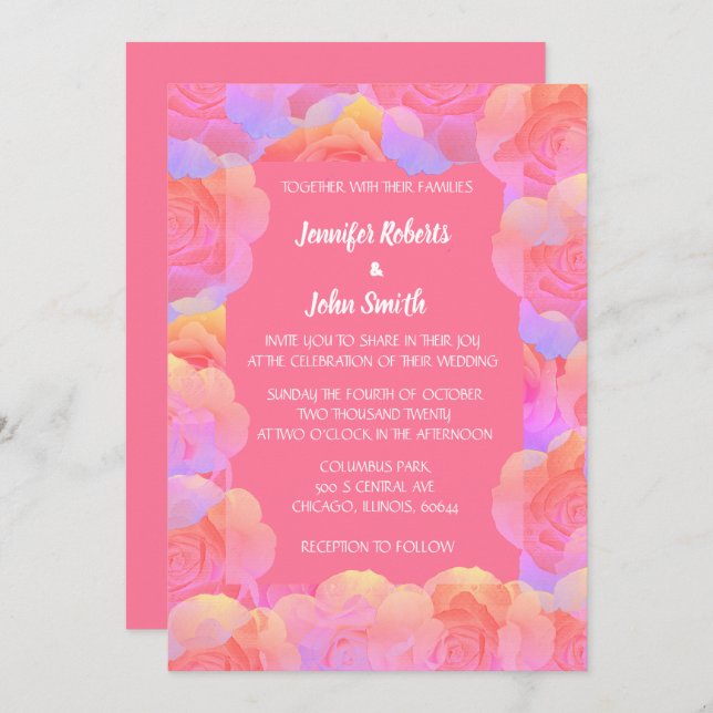 Coral Orange Salmon Pink Floral QR Code Wedding Invitation (Front/Back)