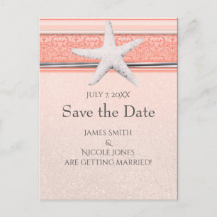 Coral Orange & White Starfish Beach Save the Date Announcement Postcard