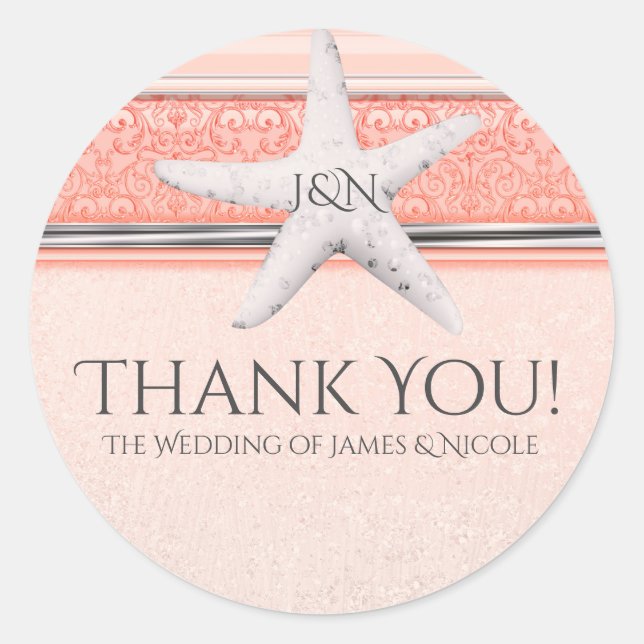 Coral Orange & White Starfish Beach Wedding Favour Classic Round Sticker (Front)
