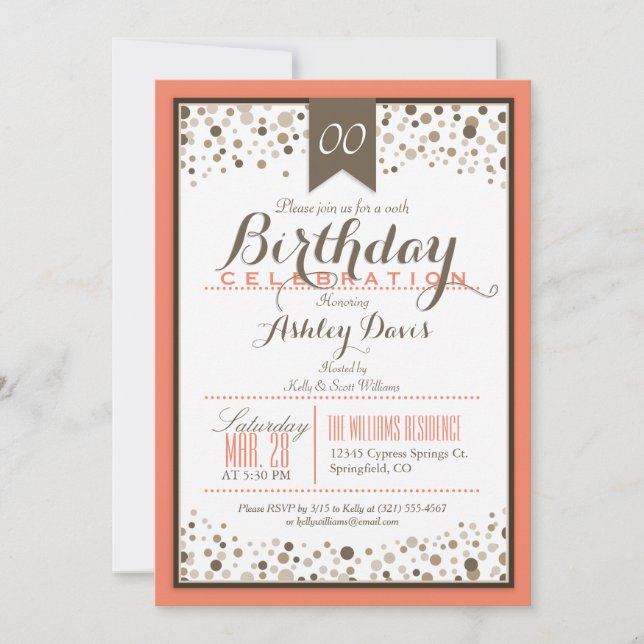 Coral Orange, White, & Taupe Modern Birthday Party Invitation (Front)
