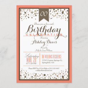 Coral Orange, White, & Taupe Modern Birthday Party Invitation