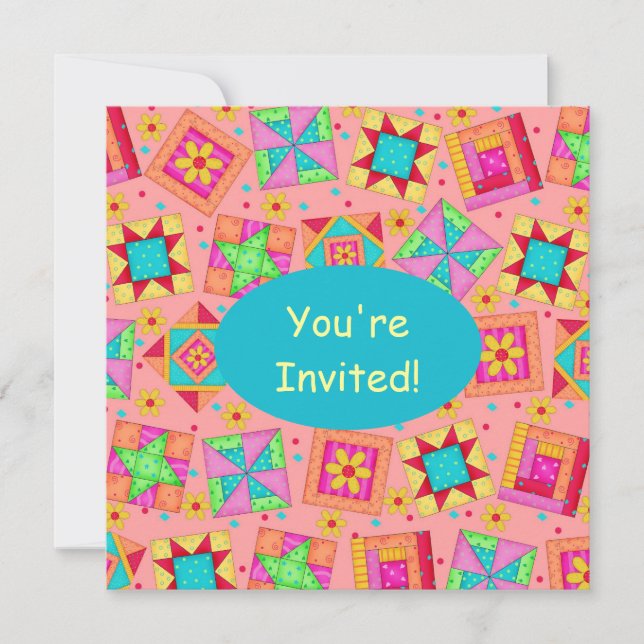 Coral Orange Yellow Patchwork Quilt Block Art Invitation (Front)